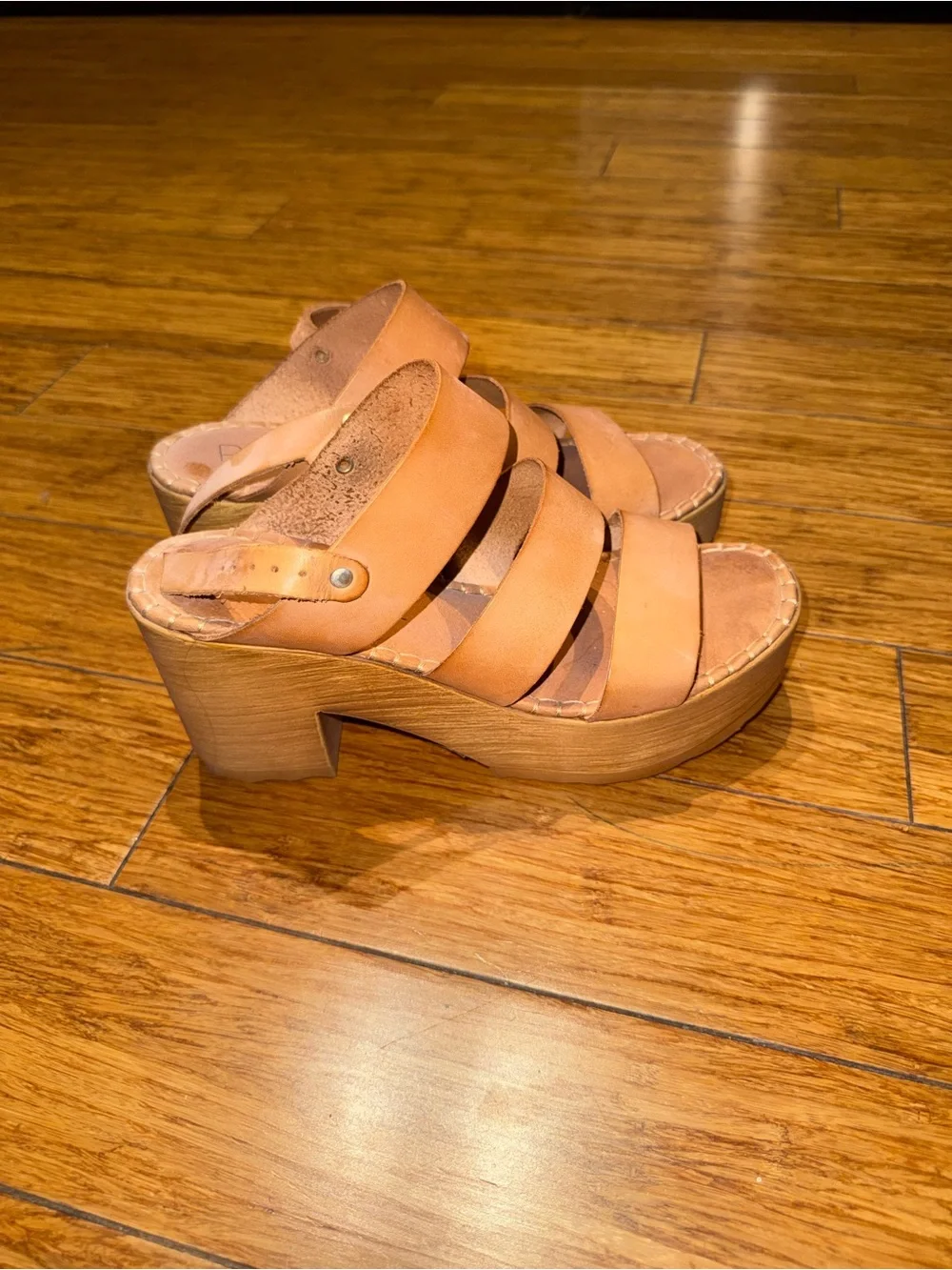 Women's Tan Leather Platform Slide Sandals